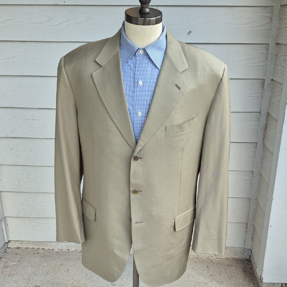 RAVAZZOLO Italy Beige Olive Solid Super 130s‎ Wool Loro Piana Sz 46 L Sport Coat